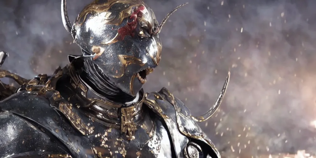Image similar to a film still of a black man starring in a japanese blockbuster film as yoshimitsu, shallow depth of field, cinematic, award winning cgi, vfx, film still