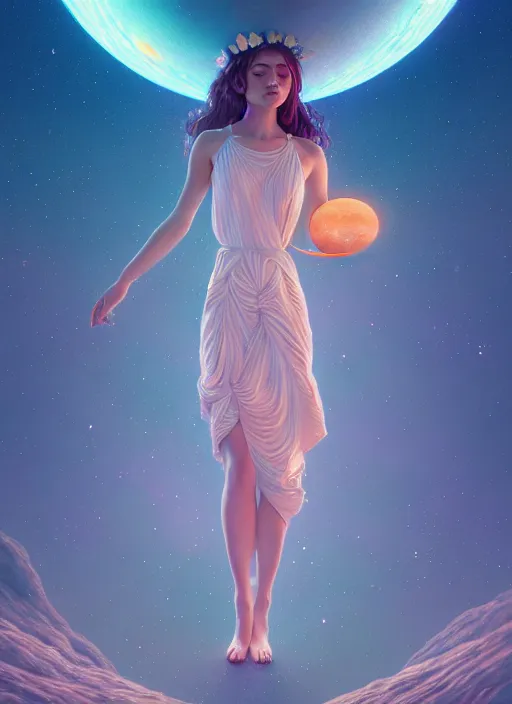 Prompt: a beautiful goddesses, full body, planets, sky, dream, highly detailed, digital painting, refreshing, trending on artstation, octane render, illustration by james jean