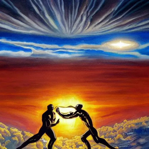 Image similar to masterful oil painting, of god arm wrestling a grey alien in the sky, background of the earth below them