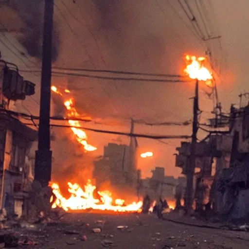 Prompt: a Film still of Karachi streets abandoned, on fire, dramatic, 4k, in the new Christopher Nolan movie