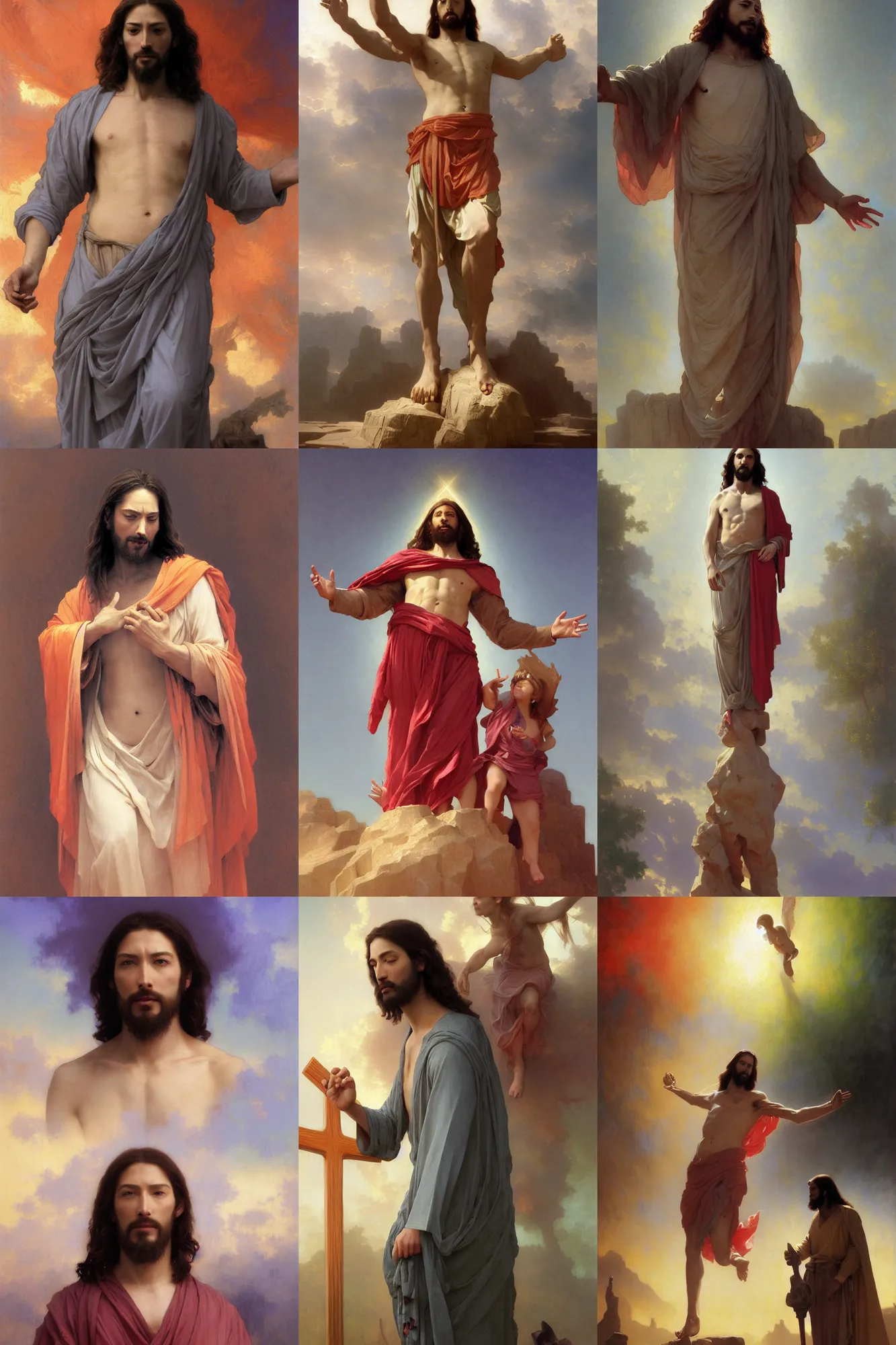 Prompt: Vibrant depiction of Jesus standing next to God illustration by Ruan Jia and Mandy Jurgens and William-Adolphe Bouguereau, Artgerm, 4k, digital art, surreal, space dandy style, highly detailed, godsend, artstation, digital painting, concept art, smooth, sharp focus, illustration by Ruan Jia and Mandy Jurgens and William-Adolphe Bouguereau