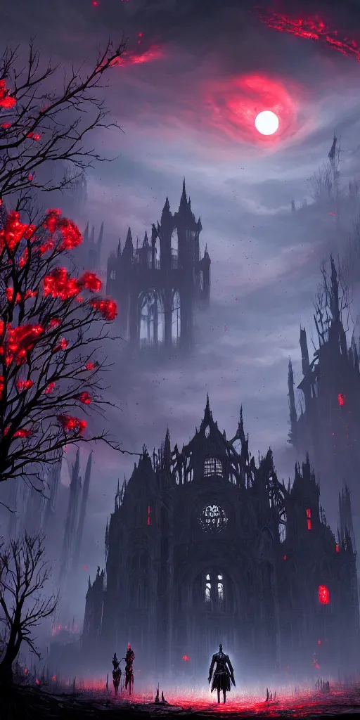 Image similar to abandoned bloodborne old valley with a obscure person at the centre and a ruined gothic city in the background, trees and stars in the background, falling red petals, epic red - orange moonlight, perfect lightning, wallpaper illustration by niko delort and kentaro miura, 8 k, ultra realistic