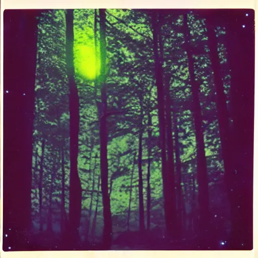 Image similar to a ufo with glowing lights flying over a forest at night, old polaroid, expired film,