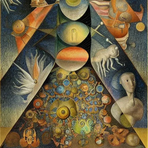 Image similar to complex mathematical equations inspired by bosch, botticelli, vasarely, klee. mathematical paradise, detailed beautiful animals, esoteric equation heaven, detailed beautiful plants, 3 d platonic solids, elegant intricate diagrams, beautiful equations, oil paint, pen and ink, color, hyperrealistic, on loan from louvre, masterpiece