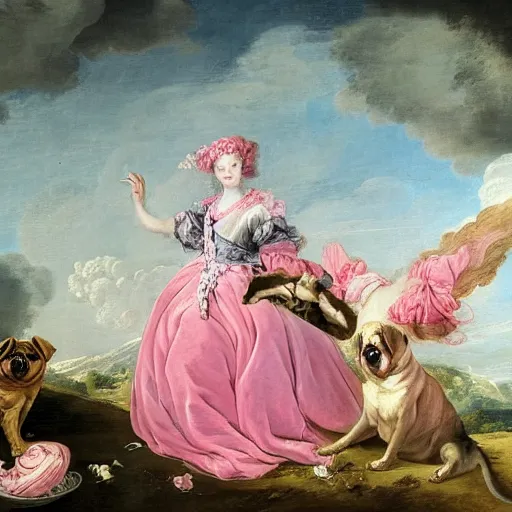 Image similar to pugs heaven on pink clouds adopts the language of Rococo, reimagining the dynamism of works by eighteenth-century artists such as Giovanni Battista Tiepolo, François Boucher, Nicolas Lancret and Jean-Antoine Watteau through a filter of contemporary cultural references including film, food and consumerism