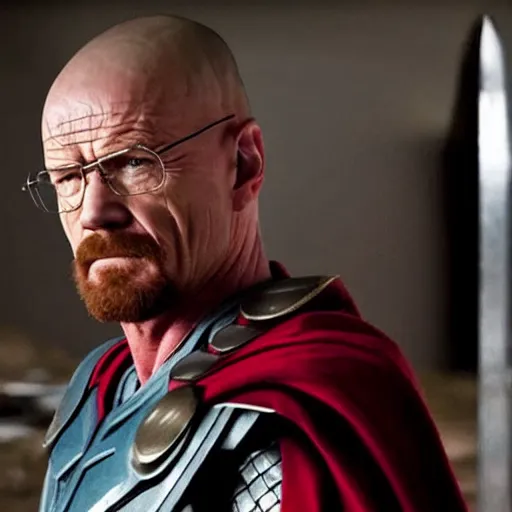 Image similar to Walter White as Chris Hemsworth as Thor, still from Thor Ragnarok