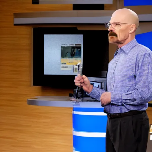 Prompt: Walter White presenting the evening news.