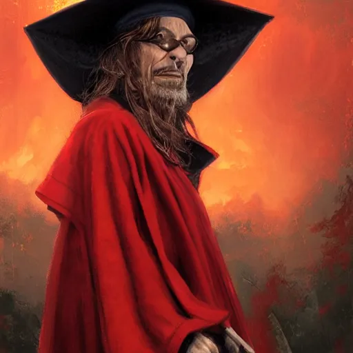 Prompt: portrait of rincewind wearing bright red wizard robe and hat by greg rutkowski and raymond swanland