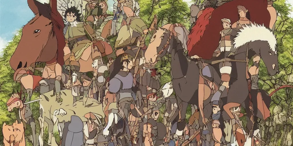 Image similar to war, horses, knights, king, a magical palace on a mountain, miyazaki's animated film, ghibli studio, spirited away, princess mononoke,