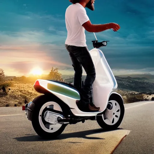 Image similar to photo of jesus riding a scooter in california, high detail, cinematic,