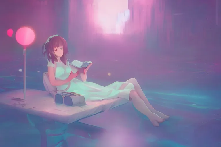 Image similar to a cute anime girl reading a book on a cloud relaxing, misty, glows, digital art, hazy, foggy, ambient lighting, 8 k, neon, synthwave,