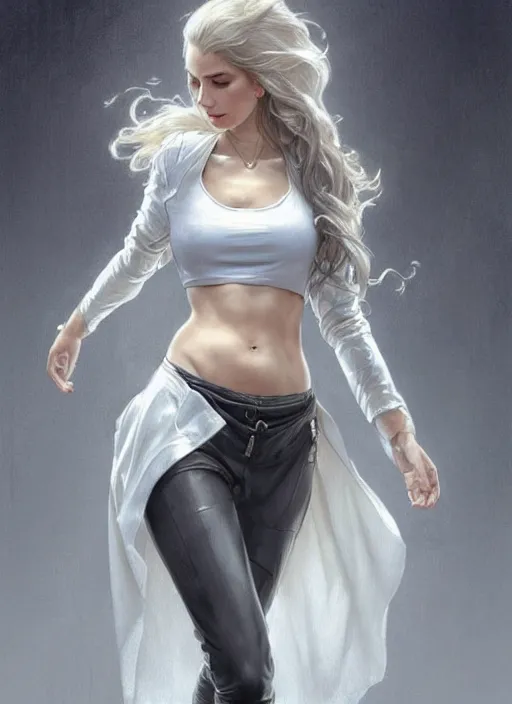 Image similar to girl in very short white! top and very short gray! leather jacket, open belly, long dark curly hair, high waist sweatpants, intricate, elegant, highly detailed, digital painting, artstation, concept art, smooth, illustration, art by artgerm and greg rutkowski and alphonse mucha