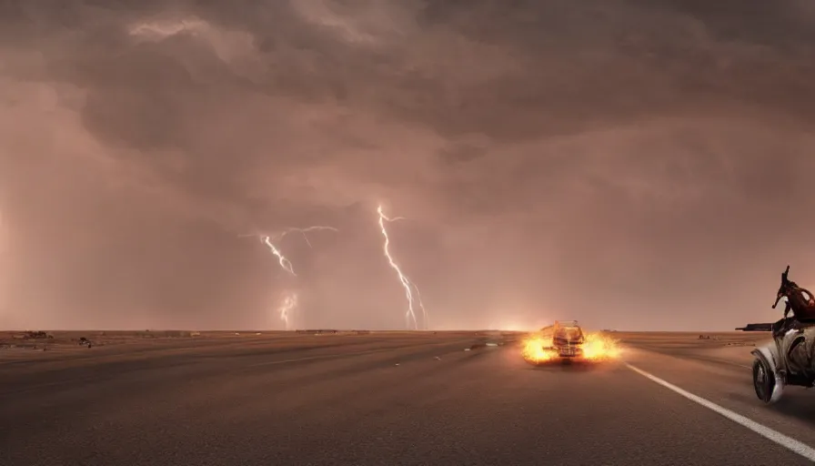 Prompt: back view on a man in jacket crossing las vegas's street in the distance in mad max, huge sandstorm, huge lightning, tornado, fire and ashes, debris, destruction, hyperdetailed, artstation, cgsociety, 8 k