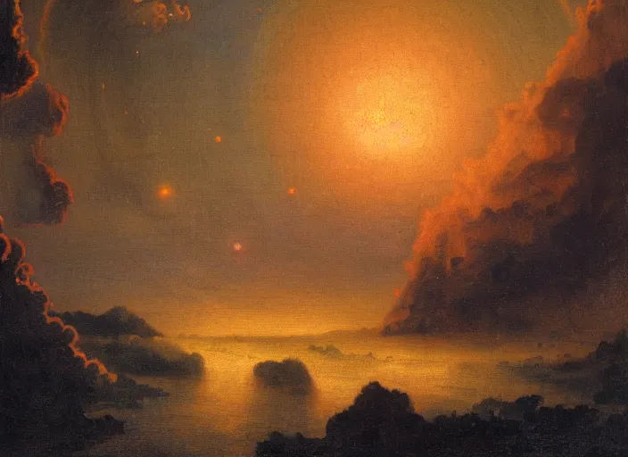 Prompt: a young earth, filled with volcanos, lava, glowing sky and a very thin atmosphere. water is just starting to form. in the style of hudson river school of art, oil on canvas