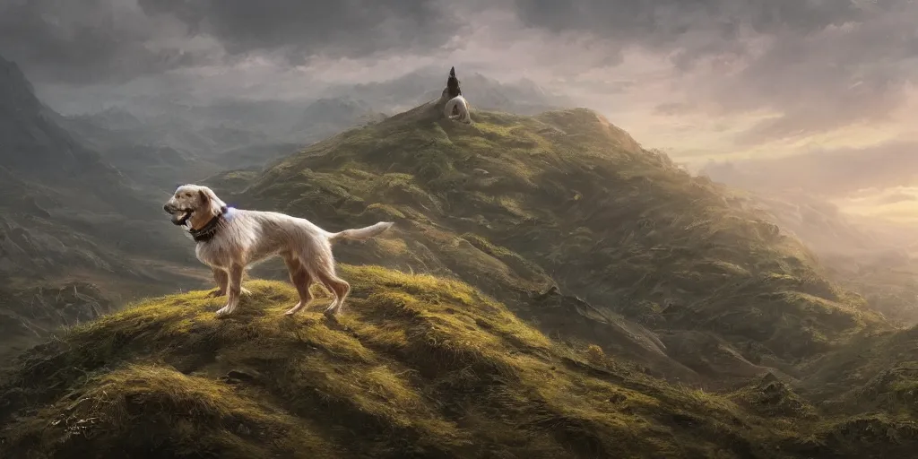 Image similar to breathtaking detailed concept art painting of a dog on the top of a hill. beneath the hill is a tiny village, by hsiao - ron cheng, extremely moody lighting, 8 k