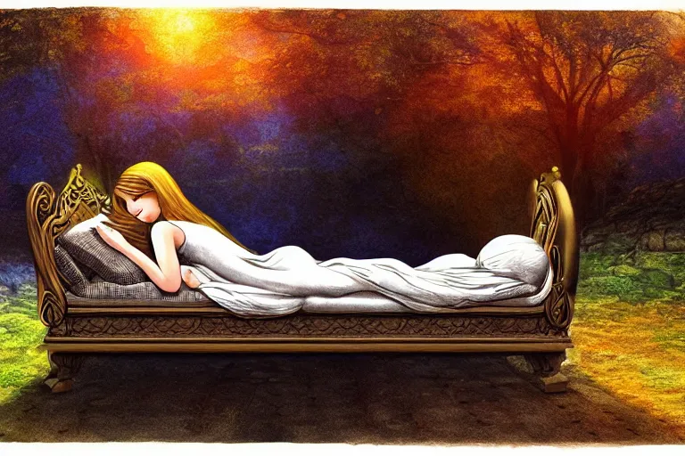 Image similar to quenn sleep, fantasy, pen painting, ultra realistic!!!, hdr, clear weather, golden hour, sharp focus