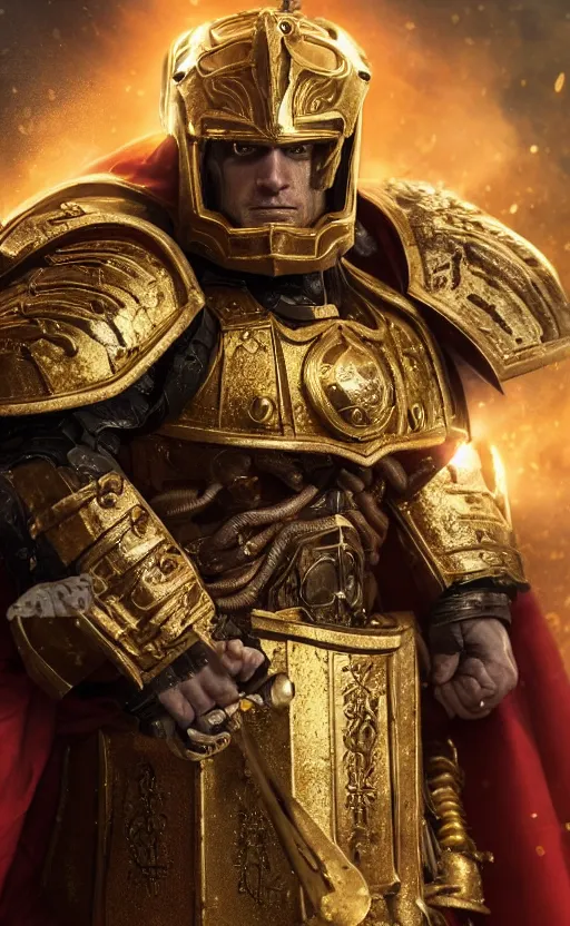 Image similar to angry Henry Cavill as warhammer 40k God-Emperor of Mankind dressed in his glowing golden power armor. full-length portrait, beautiful face, long hair, painted by Donato Giancarlo, intricate fine armor rune details, cinematic, highly detailed, octane render