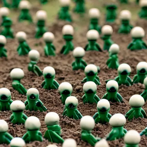 Prompt: toy army men, melting in a sandbox on a summers day