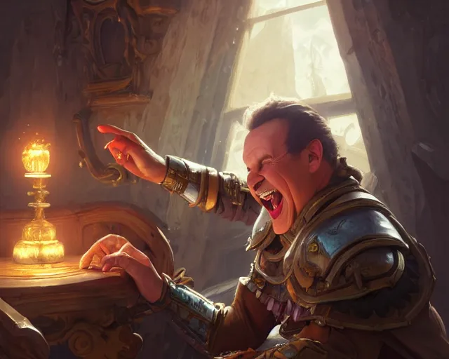 Image similar to david lister laughing at arnold rimmer, deep focus, d & d, fantasy, intricate, elegant, highly detailed, digital painting, artstation, concept art, matte, sharp focus, illustration, hearthstone, art by artgerm and greg rutkowski and alphonse mucha