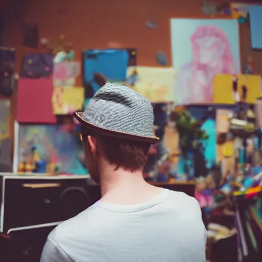 Image similar to kodak portra 4 0 0 photograph of a skinny guy wearing a hat standing in cluttered art studio, back view, flower crown, moody lighting, moody vibe, telephoto, 9 0 s vibe, blurry background, vaporwave colors, faded!,
