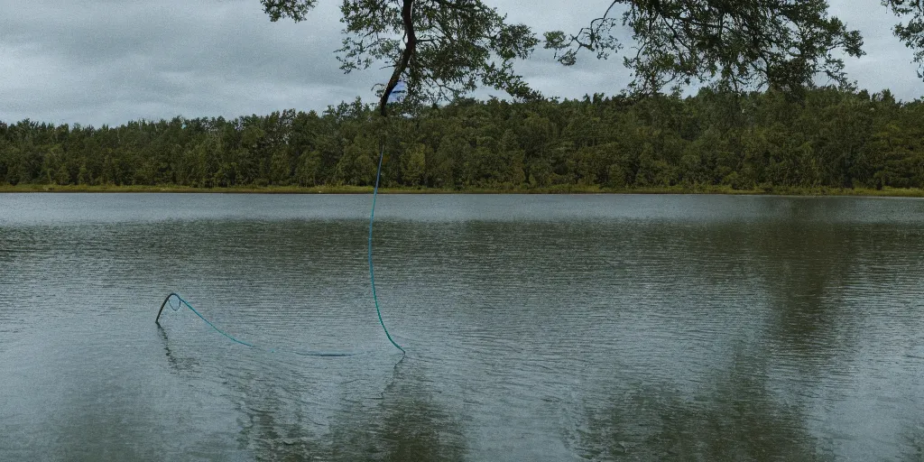 Image similar to centered colored photograph of a long rope snaking across the surface of the water, stretching out towards the center of the lake, a dark lake on a cloudy day, trees in the background, anamorphic lens