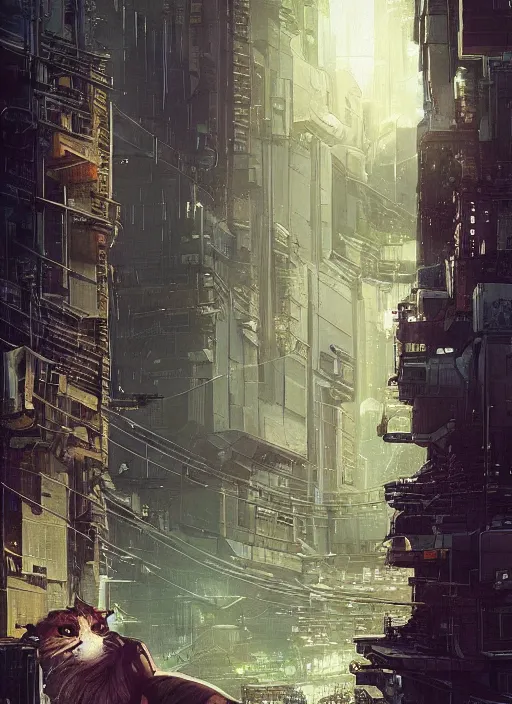 Image similar to cybercat sitting in window | cyberpunk cityscape, illustrated by james warhola and greg rutkowski