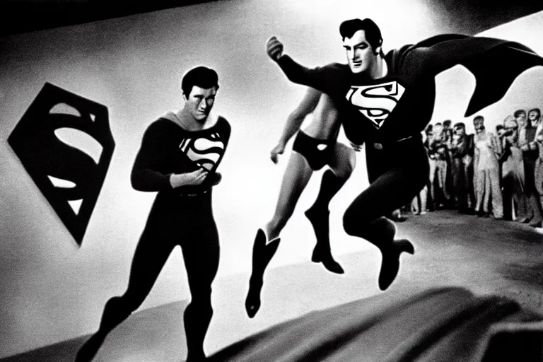 Image similar to rock hudson playing superman in, superhero, dynamic, 3 5 mm lens, heroic, studio lighting, in colour