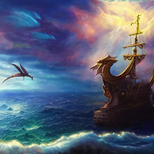 Image similar to majestical ship with a dragon flying above, beautiful composition, wide angle, colorful, cinematic, volumetric lighting, intricate details painting