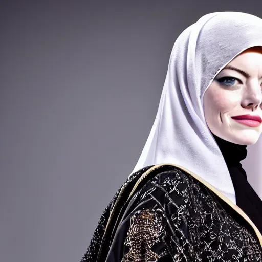 Image similar to A portrait of Emma Stone wearing a Black Arabian abaya , high quality, fully detailed, 4k