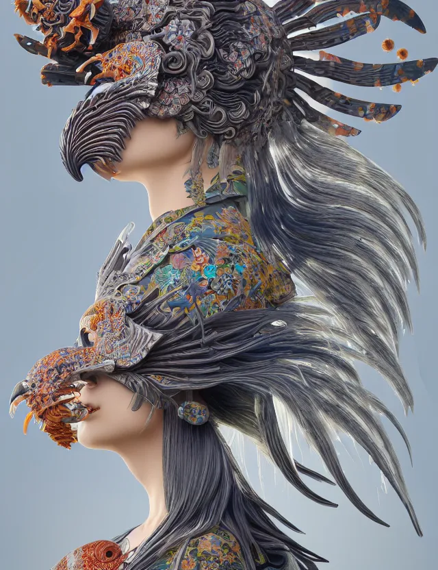 Image similar to 3 d goddess close - up profile solarpunk portrait ram skull. beautiful intricately detailed japanese crow kitsune mask and clasical japanese kimono. betta fish, jellyfish phoenix, bio luminescent, plasma, ice, water, wind, creature, artwork by tooth wu and wlop and beeple and greg rutkowski