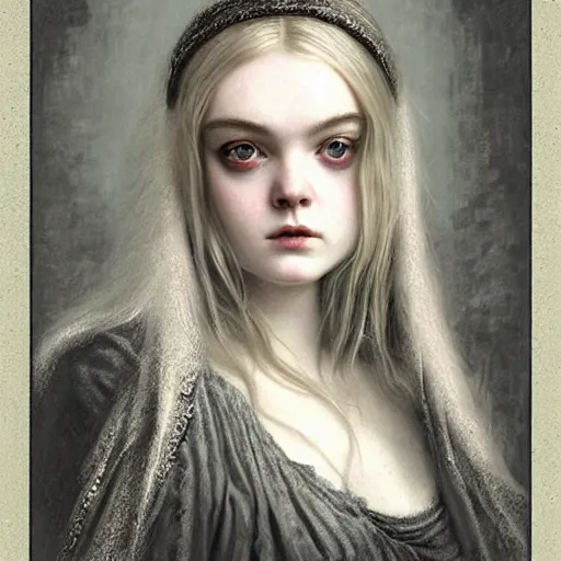 Image similar to a striking hyper real painting of Elle Fanning, dark, metal, by Gustave Dore