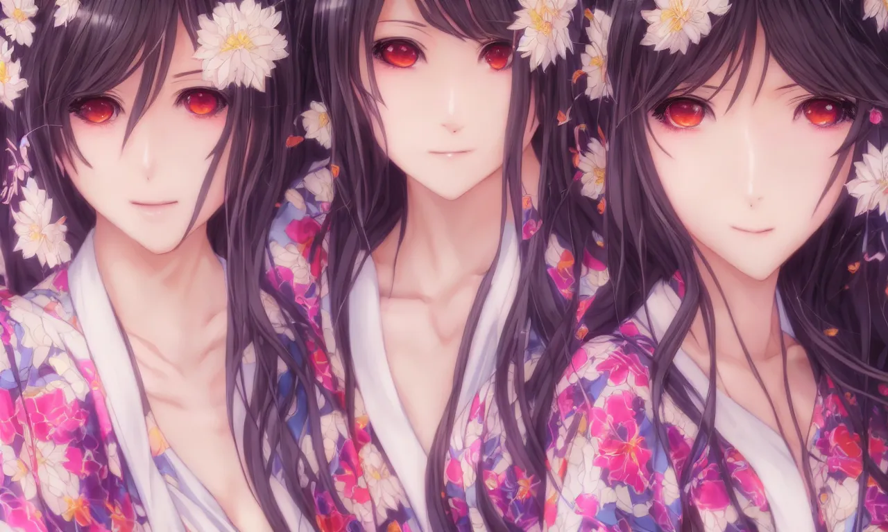 Image similar to portrait three beautiful anime girls wear coctail kimono closeup | | sunny night, full moon, dreamlike art, realistic shaded, smile, good looking, hyper details, 4 k realistic, cryengine, realistic shaded lighting poster by artgerm, ross tran, fuji choko, 8 k resolution, trending on artstation, luxury