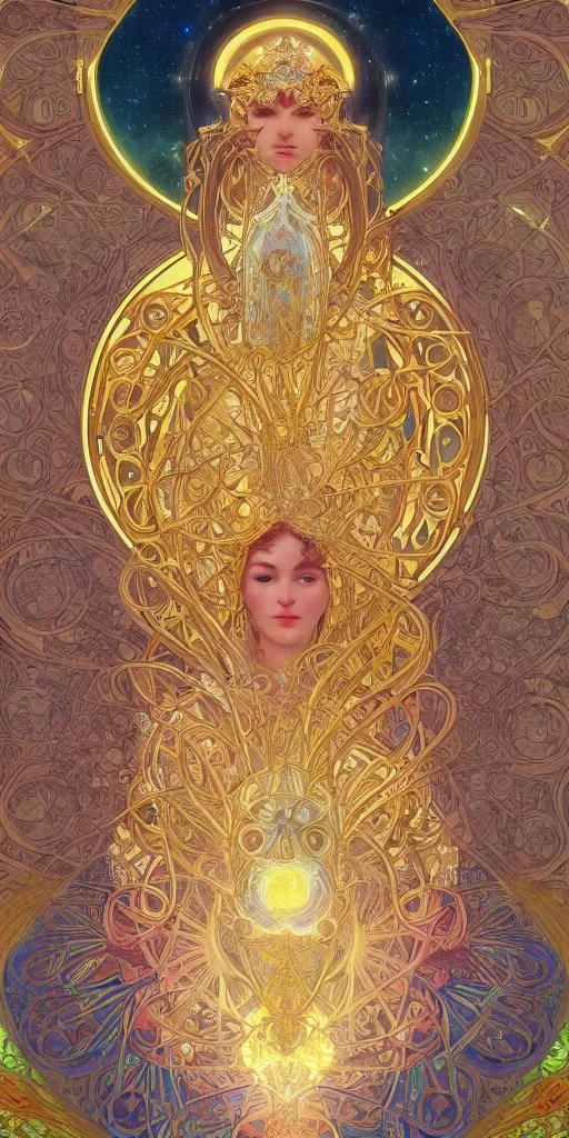 Image similar to astrologer's prayer, mythology, guardian of the stars, unreal engine 5, art nouveau, bright colors, intense colors, intricate, symmetry, high detail of the face, elegance, sunshine, clear focus, art of alphonse maria mucha, art workstation