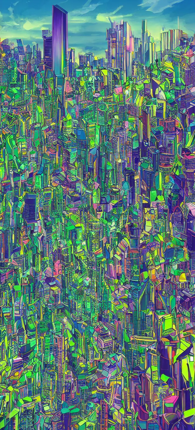 Image similar to a futuristic cityscape by bruno mangyoku, colorful, wide greenways