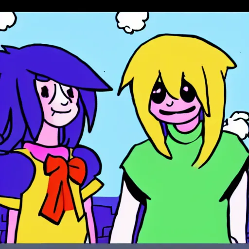 Image similar to kris from deltarune and lucy loud comparing hairstyles, bemused by each other, anime style