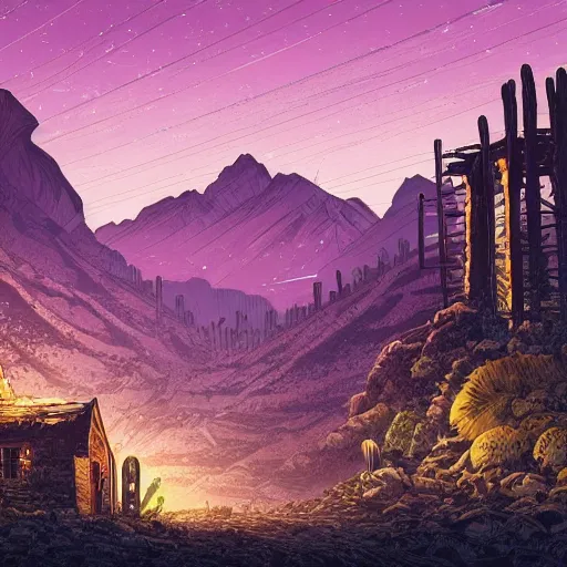 Image similar to mysterious desert at night, watefall and mountains on background, little abandoned village on foreground, by dan mumford and sandra chevrier, 4 k