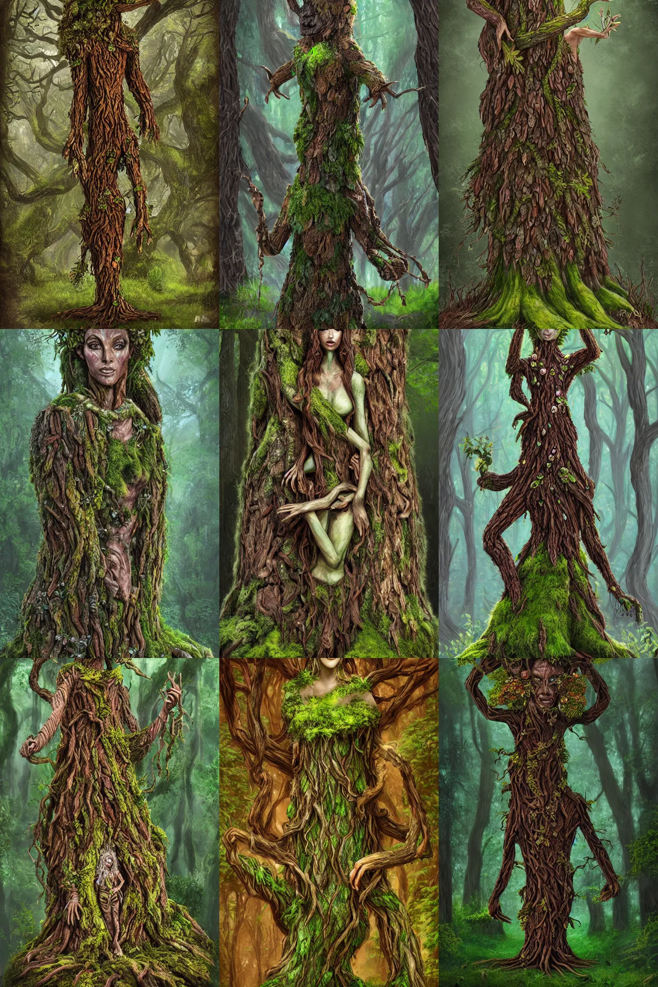 Prompt: dryad tree person made entirely of wood, bark, and moss emerging from a tree. d & d fantasy art, digital painting, magical forest, 8 k resolution.
