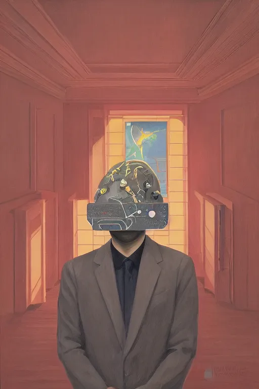 Image similar to satoshi nakamoto wearing oculus and bitcoin over his head edward hopper and james gilleard, zdzislaw beksisnski, higly detailed