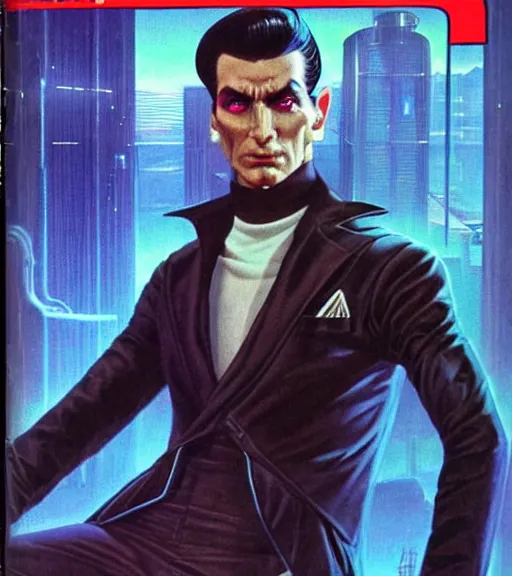 Image similar to a cyberpunk very ugly mafia boss in a suit with slicked back black hair played by ryan renolds as an elf, 1 9 7 9 omni magazine cover, style by vincent di fate, artgerm, very coherent, detailed, 4 k resolution, bright, unreal engine, daz