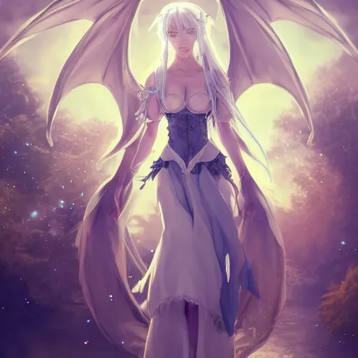Image similar to a very beautiful anime girl with dragon wings in a medieval town square , full body, long white hair, golden watery eyes, full round face, short smile, cinematic lightning, medium shot, mid-shot, highly detailed, trending on artstation, Gaussian blur, depth of field, Unreal Engine 4k, Stanley Artgerm Lau, WLOP, Rossdraws, James Jean, Andrei Riabovitchev, Marc Simonetti, and Sakimichan