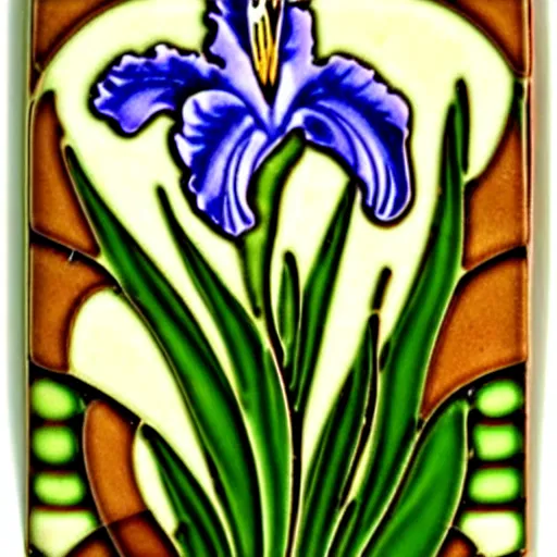 Prompt: a beautiful art nouveau ceramic tile of an iris flower