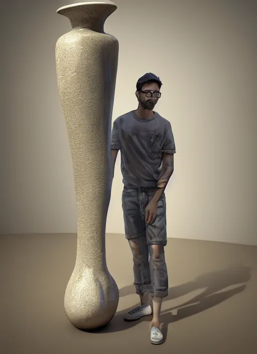 Image similar to a sculpture of a man standing next to a tall vase, a raytraced image by Hikari Shimoda, polycount, video art, vray tracing, ray tracing, rendered in unreal engine