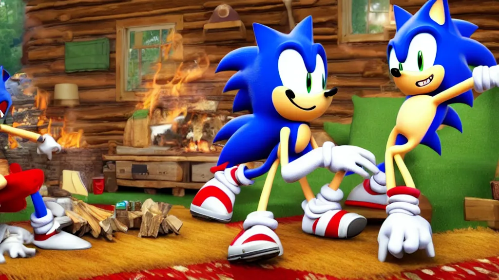 Prompt: A wholesome lively desktop background involving Sonic and his friends in a log cabin, surrounding a fire, sitting on a rug, talking and laughing, 4k, 8k, unrealengine, beautiful, amazing.