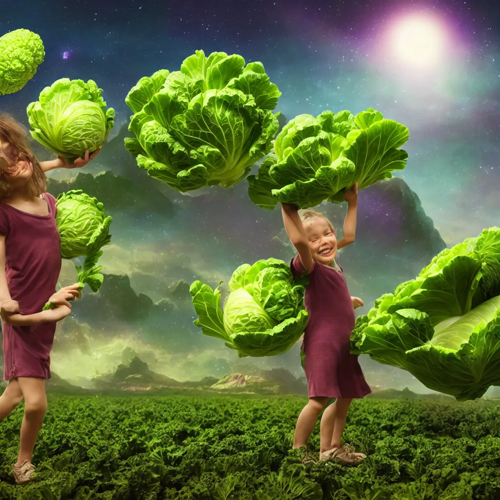 Prompt: happy child carrying a cabbage on her head, cosmic sci fi landscape with farm and vegetables growing, semi realistic comic, octane render, artist Dr Zeus harmonious integration+8k