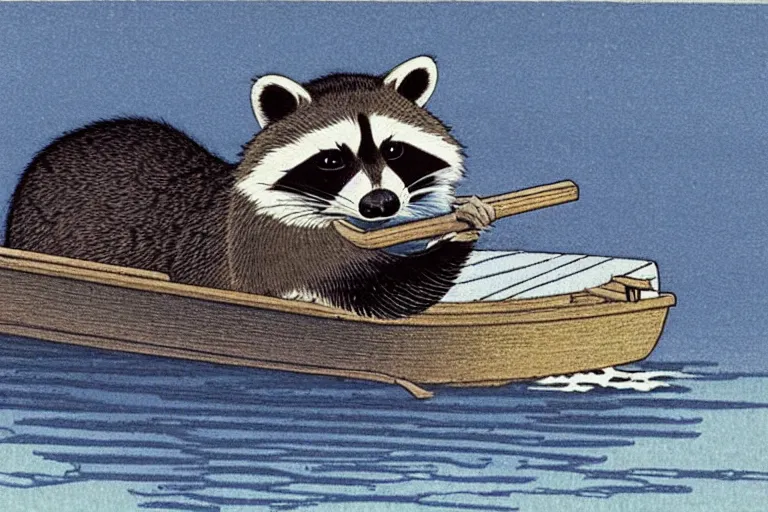 Image similar to raccoon dressed in a kimano floats on a boat on the waves, Hasui Kawase, dramatic