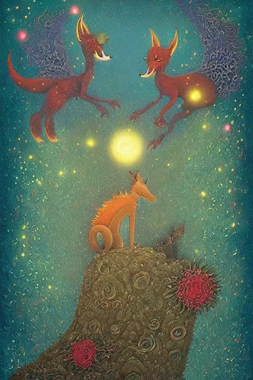 Image similar to surreal hybrid dragons and foxes, nostalgia for a fairytale, magic realism, flowerpunk, mysterious, vivid colors, by andy kehoe, amanda clarke