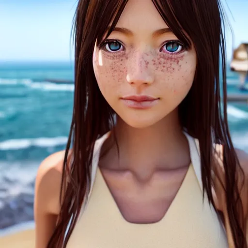 Image similar to Render of a very beautiful 3d anime girl, long hair, hazel eyes, cute freckles, full round face, short smile, cute sundress, golden hour, serene beach setting, medium shot, mid-shot, highly detailed, trending on Artstation, Unreal Engine 4k