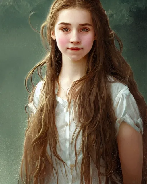 Image similar to portrait of 1 5 - year - old girl, little smile, with large front teeth, hermione, very bushy brown hair, and very bright brown eyes, wearing white shirt, hyper realistic face, beautiful eyes, close up, fantasy art, in the style of greg rutkowski, intricate, alphonse mucha, hyper detailed, smooth