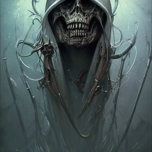 Prompt: portrait of the grim reaper bringer of death, rnst haeckel, artgerm, greg rutkowski, h. r. giger and zdislaw beksinski, trending on artstation