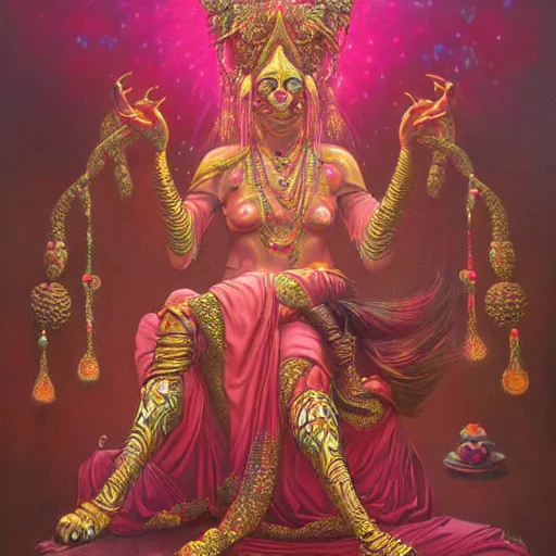 Image similar to wise old Indian guru, multiple arms, pink and gold , by Anato Finnstark, Tom Bagshaw, Brom